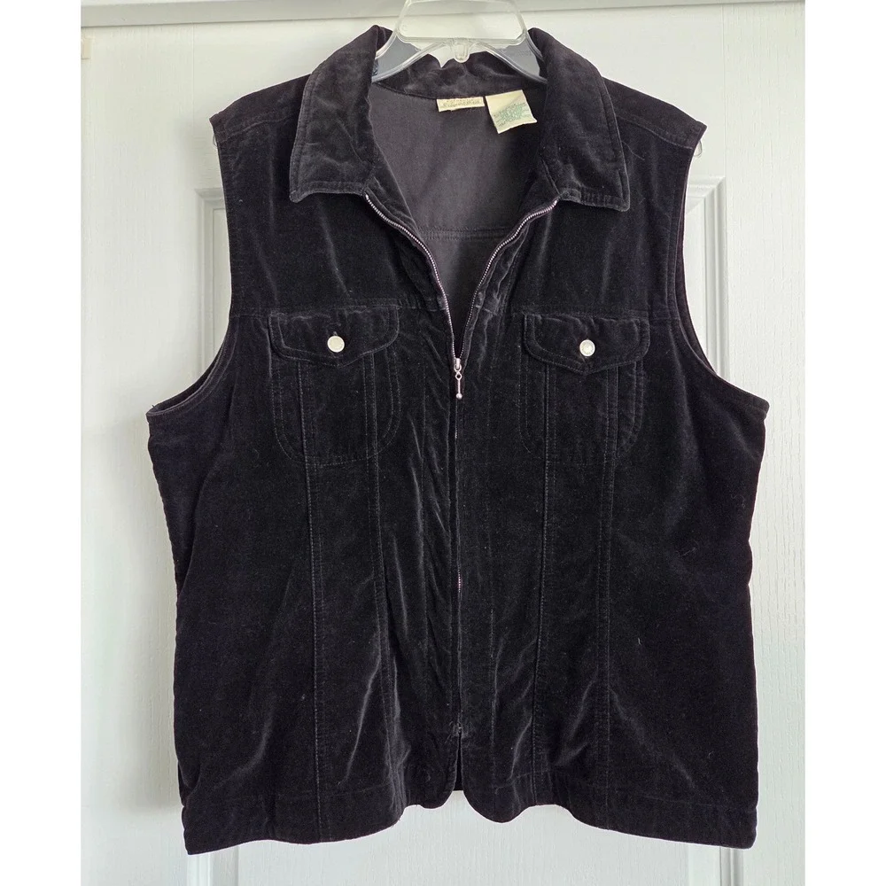 St Johns Bay Womens Vintage Black‎ Velvet Zip Front Vest Sz XL Layering